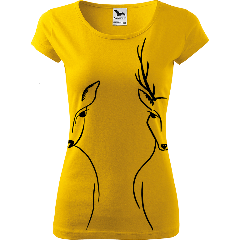 Ručně malované dámské bavlněné tričko - Srnka & Jelen - Na bocích Barva trička: ŽLUTÁ, Velikost trička: S, Barva motivu: ČERNÁ