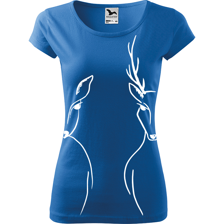 Ručně malované dámské bavlněné tričko - Srnka & Jelen - Na bocích Barva trička: AZUROVÁ, Velikost trička: XXL, Barva motivu: BÍLÁ