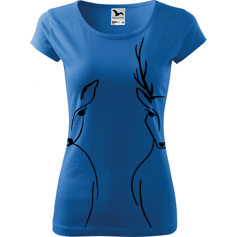 Ručně malované dámské bavlněné tričko - Srnka & Jelen - Na bocích Barva trička: AZUROVÁ, Velikost trička: XS, Barva motivu: ČERNÁ