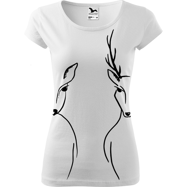 Ručně malované dámské bavlněné tričko - Srnka & Jelen - Na bocích Barva trička: BÍLÁ, Velikost trička: M, Barva motivu: ČERNÁ