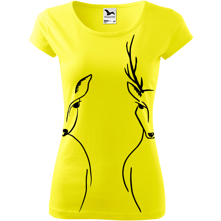 Ručně malované dámské bavlněné tričko - Srnka & Jelen - Na bocích Barva trička: CITRONOVÁ, Velikost trička: M, Barva motivu: ČERNÁ