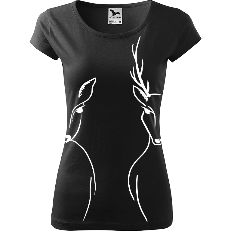 Ručně malované dámské bavlněné tričko - Srnka & Jelen - Na bocích Barva trička: ČERNÁ, Velikost trička: XXL, Barva motivu: BÍLÁ
