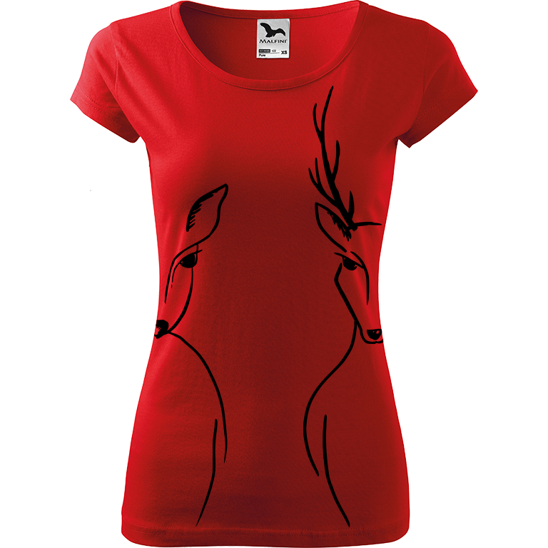 Ručně malované dámské bavlněné tričko - Srnka & Jelen - Na bocích Barva trička: ČERVENÁ, Velikost trička: M, Barva motivu: ČERNÁ