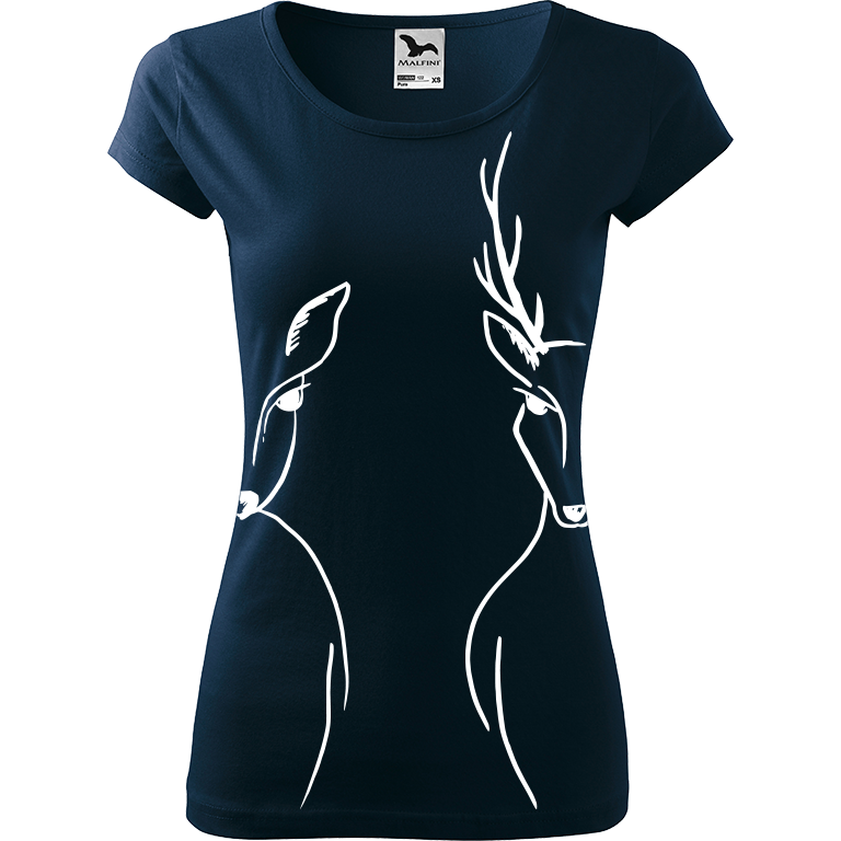 Ručně malované dámské bavlněné tričko - Srnka & Jelen - Na bocích Barva trička: NÁMOŘNICKÁ MODRÁ, Velikost trička: M, Barva motivu: BÍLÁ