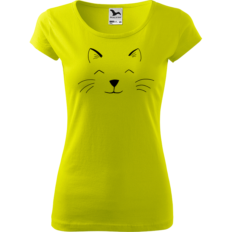 Ručně malované dámské bavlněné tričko - Cat Face Barva trička: LIMETKOVÁ, Velikost trička: L, Barva motivu: ČERNÁ
