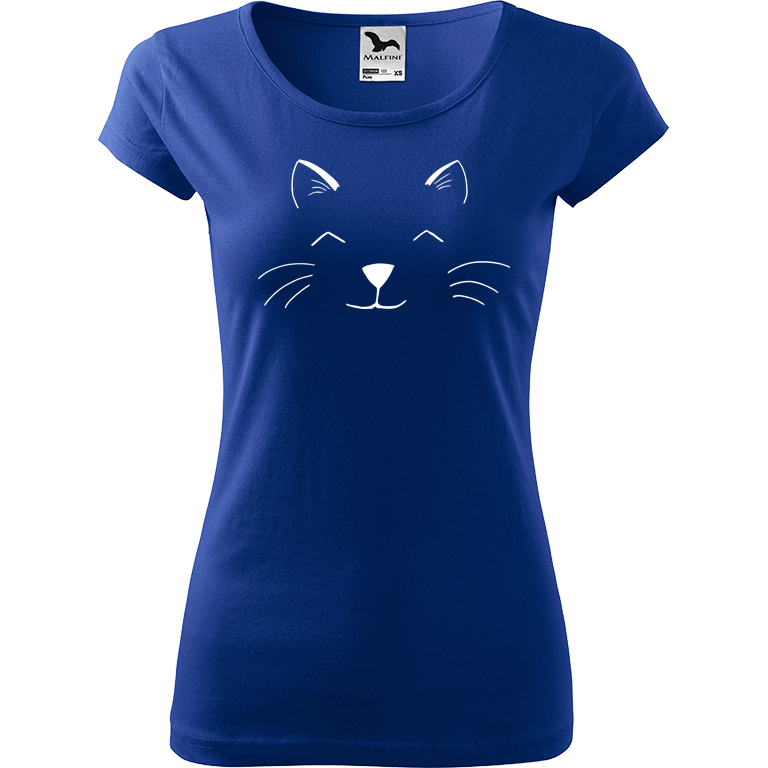 Ručně malované dámské bavlněné tričko - Cat Face Barva trička: MODRÁ, Velikost trička: S, Barva motivu: BÍLÁ