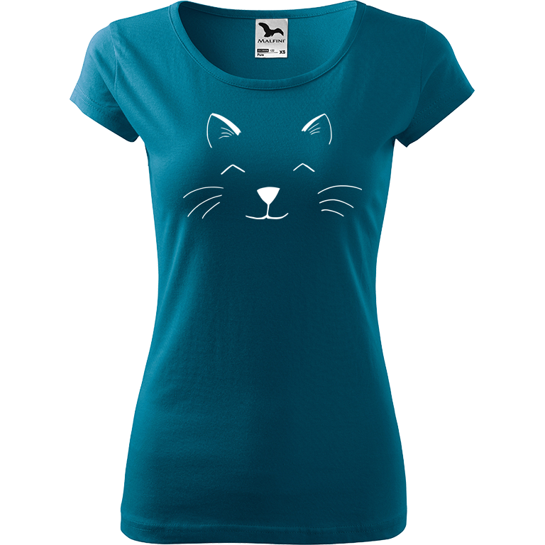 Ručně malované dámské bavlněné tričko - Cat Face Barva trička: PETROLEJOVÁ, Velikost trička: XS, Barva motivu: BÍLÁ