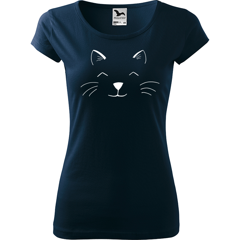 Ručně malované dámské bavlněné tričko - Cat Face Barva trička: NÁMOŘNICKÁ MODRÁ, Velikost trička: L, Barva motivu: BÍLÁ