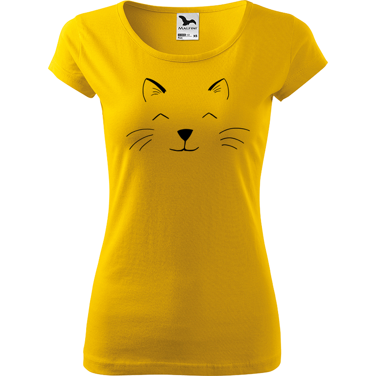 Ručně malované dámské bavlněné tričko - Cat Face Barva trička: ŽLUTÁ, Velikost trička: XL, Barva motivu: ČERNÁ