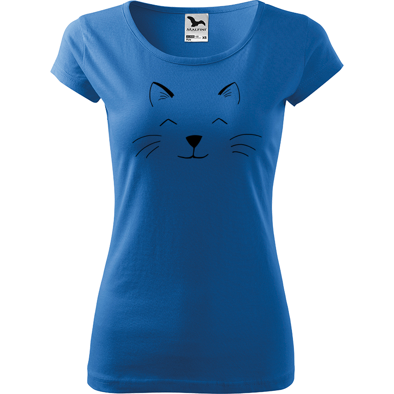 Ručně malované dámské bavlněné tričko - Cat Face Barva trička: AZUROVÁ, Velikost trička: L, Barva motivu: ČERNÁ