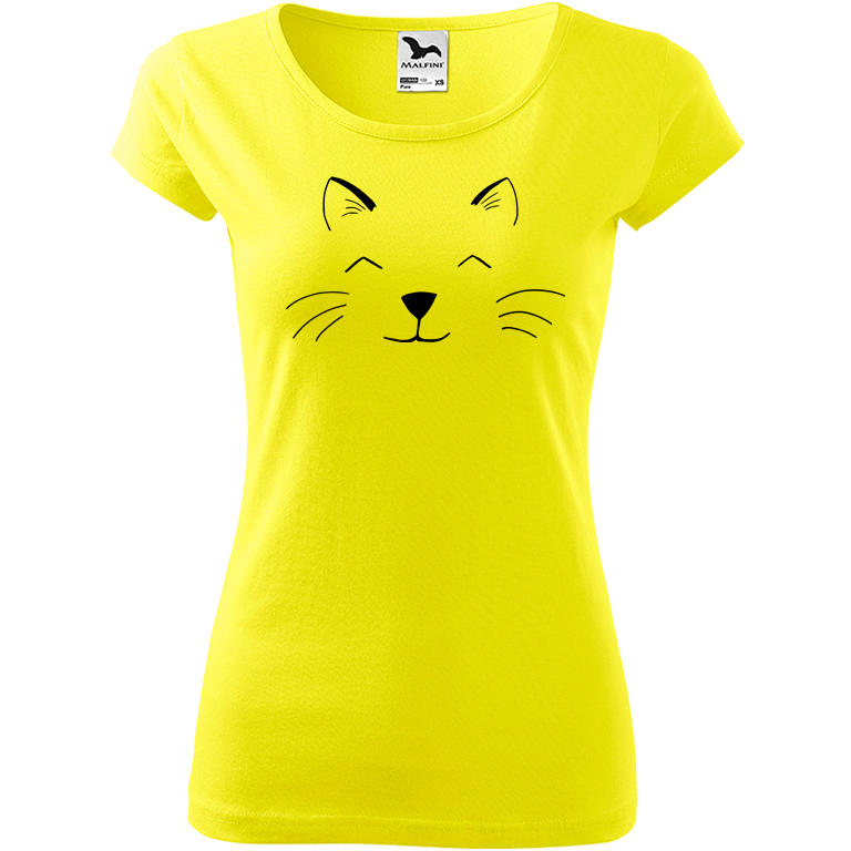 Ručně malované dámské bavlněné tričko - Cat Face Barva trička: CITRONOVÁ, Velikost trička: L, Barva motivu: ČERNÁ