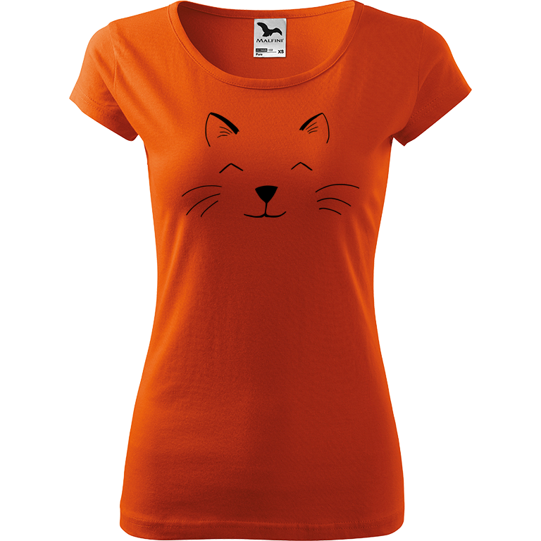 Ručně malované dámské bavlněné tričko - Cat Face Barva trička: ORANŽOVÁ, Velikost trička: L, Barva motivu: ČERNÁ