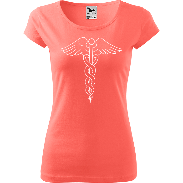 Ručně malované dámské bavlněné tričko - Caduceus Barva trička: KORÁLOVÁ, Velikost trička: XL, Barva motivu: BÍLÁ