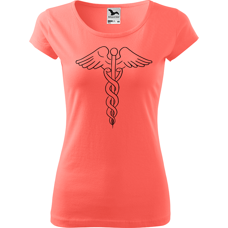 Ručně malované dámské bavlněné tričko - Caduceus Barva trička: KORÁLOVÁ, Velikost trička: S, Barva motivu: ČERNÁ