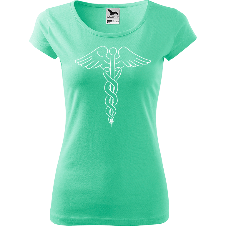 Ručně malované dámské bavlněné tričko - Caduceus Barva trička: MÁTOVÁ, Velikost trička: XL, Barva motivu: BÍLÁ