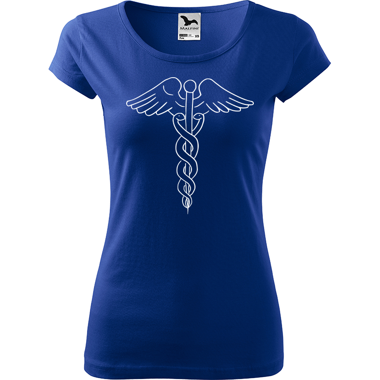 Ručně malované dámské bavlněné tričko - Caduceus Barva trička: MODRÁ, Velikost trička: XL, Barva motivu: BÍLÁ