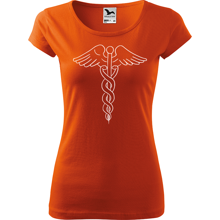 Ručně malované dámské bavlněné tričko - Caduceus Barva trička: ORANŽOVÁ, Velikost trička: XL, Barva motivu: BÍLÁ