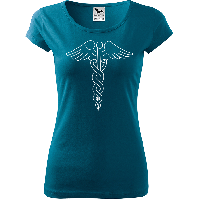 Ručně malované dámské bavlněné tričko - Caduceus Barva trička: PETROLEJOVÁ, Velikost trička: M, Barva motivu: BÍLÁ