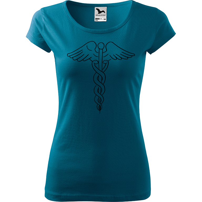 Ručně malované dámské bavlněné tričko - Caduceus Barva trička: PETROLEJOVÁ, Velikost trička: M, Barva motivu: ČERNÁ
