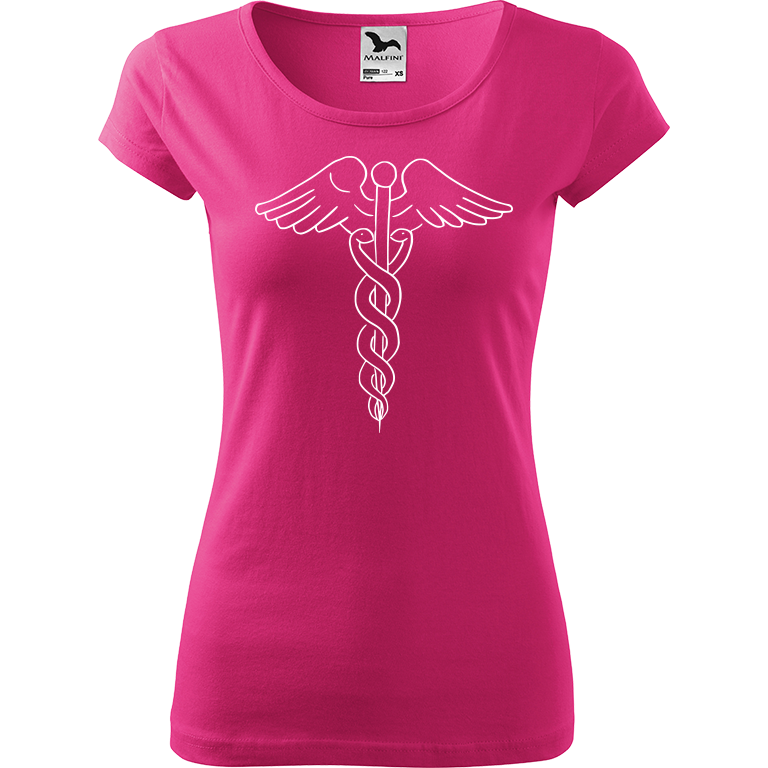 Ručně malované dámské bavlněné tričko - Caduceus Barva trička: RŮŽOVÁ, Velikost trička: S, Barva motivu: BÍLÁ