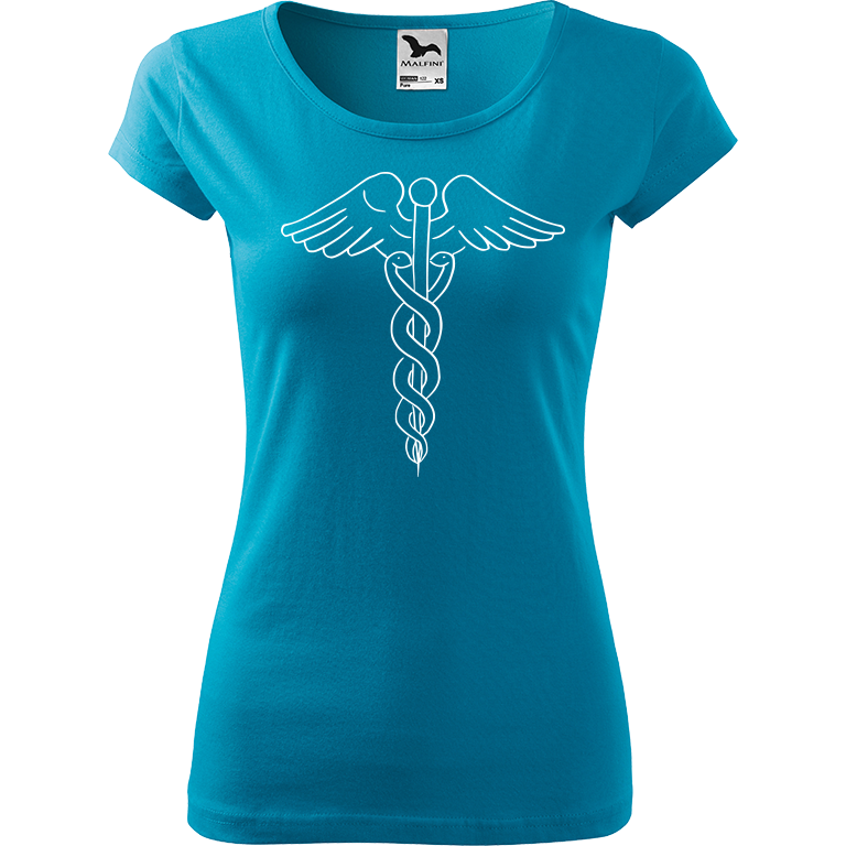 Ručně malované dámské bavlněné tričko - Caduceus Barva trička: TYRKYSOVÁ, Velikost trička: XXL, Barva motivu: BÍLÁ