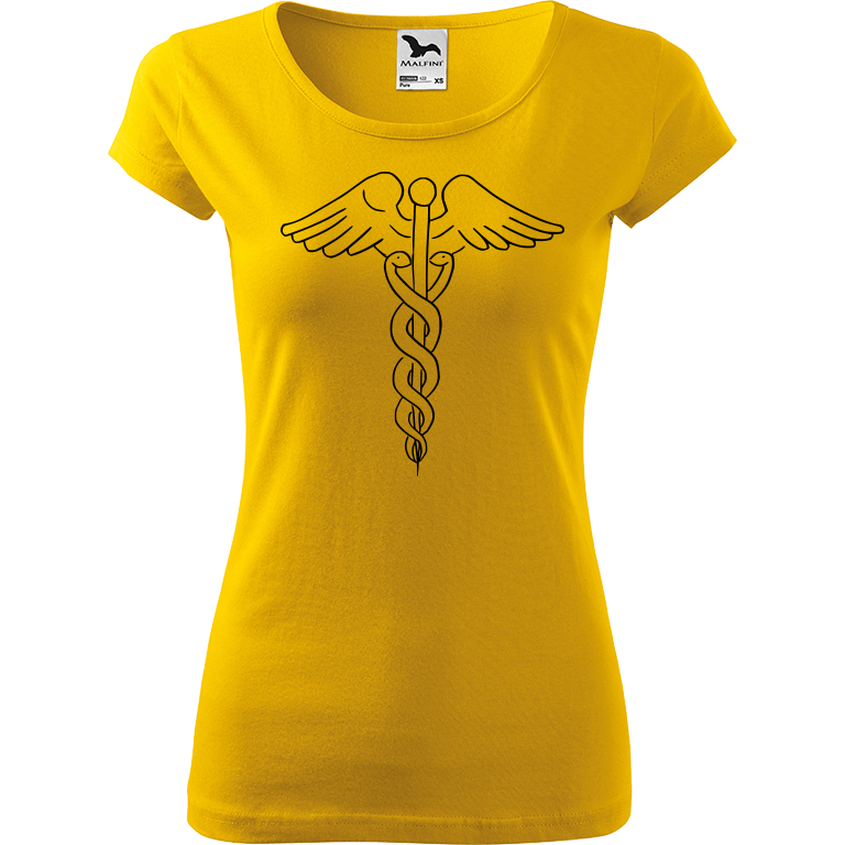 Ručně malované dámské bavlněné tričko - Caduceus Barva trička: ŽLUTÁ, Velikost trička: XL, Barva motivu: ČERNÁ
