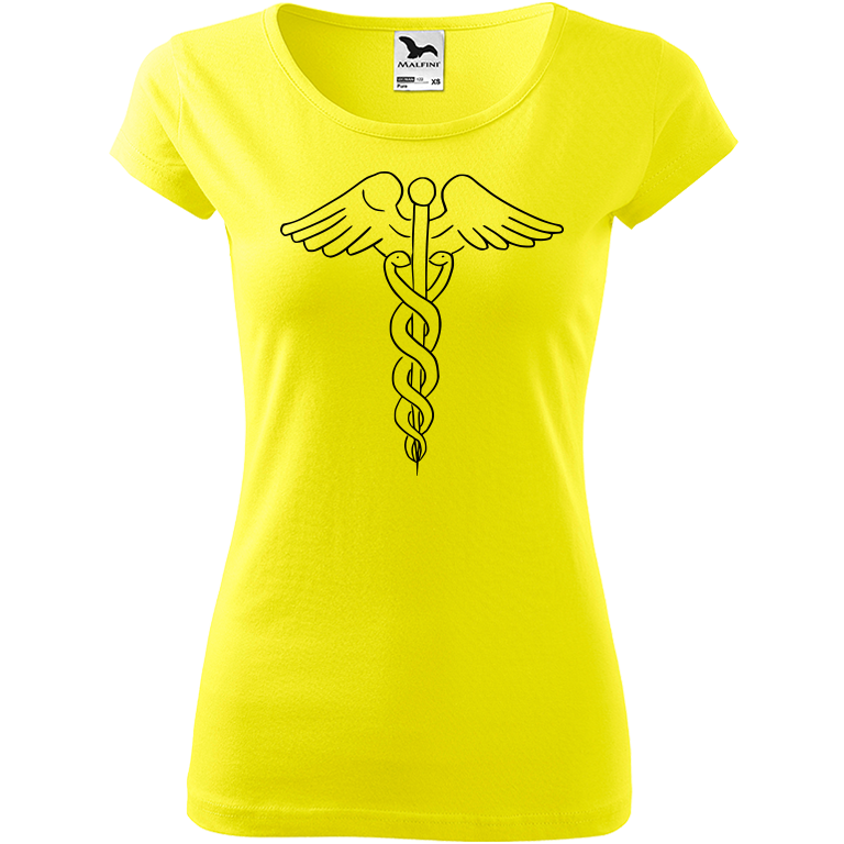 Ručně malované dámské bavlněné tričko - Caduceus Barva trička: CITRONOVÁ, Velikost trička: XS, Barva motivu: ČERNÁ