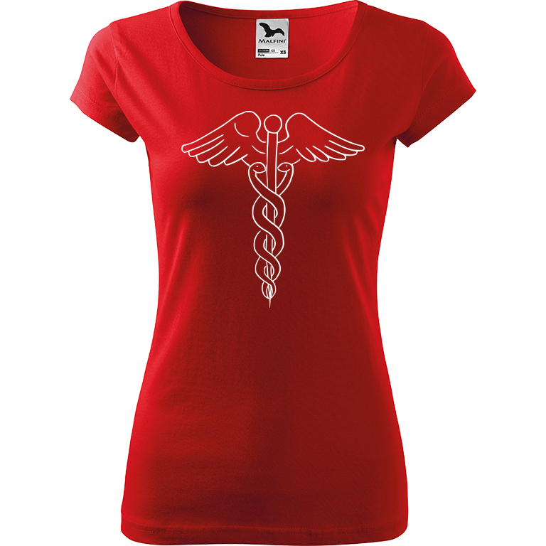 Ručně malované dámské bavlněné tričko - Caduceus Barva trička: ČERVENÁ, Velikost trička: XL, Barva motivu: BÍLÁ