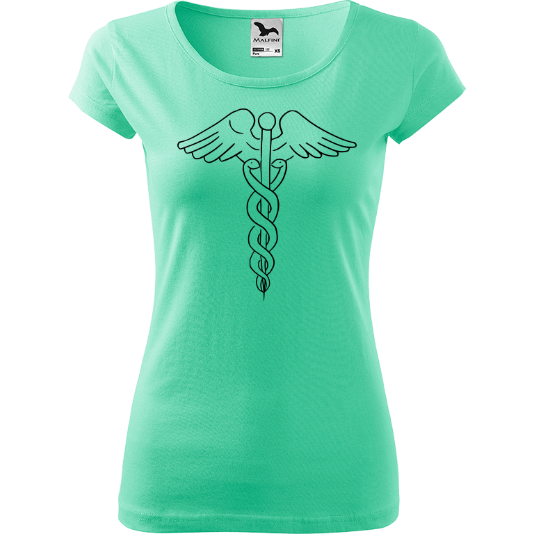 Ručně malované dámské bavlněné tričko - Caduceus Barva trička: MÁTOVÁ, Velikost trička: S, Barva motivu: ČERNÁ