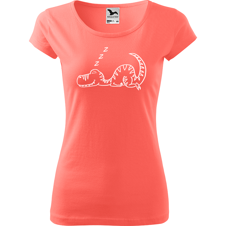 Ručně malované dámské bavlněné tričko - Dinosaur spící Barva trička: KORÁLOVÁ, Velikost trička: XL, Barva motivu: BÍLÁ