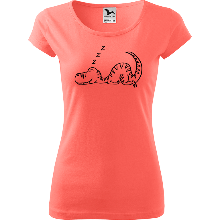 Ručně malované dámské bavlněné tričko - Dinosaur spící Barva trička: KORÁLOVÁ, Velikost trička: S, Barva motivu: ČERNÁ