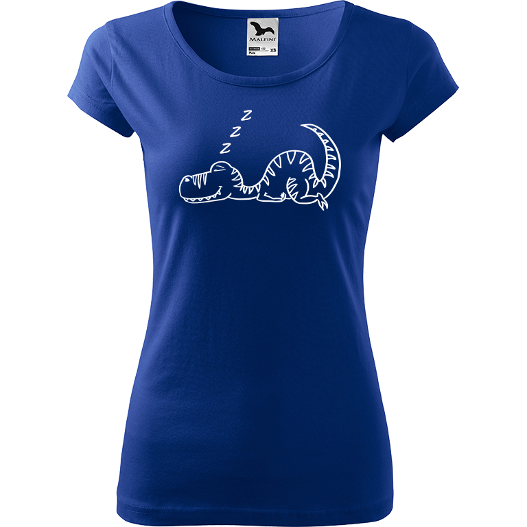 Ručně malované dámské bavlněné tričko - Dinosaur spící Barva trička: MODRÁ, Velikost trička: S, Barva motivu: BÍLÁ