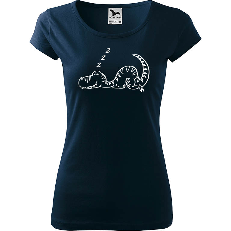 Ručně malované dámské bavlněné tričko - Dinosaur spící Barva trička: NÁMOŘNICKÁ MODRÁ, Velikost trička: L, Barva motivu: BÍLÁ