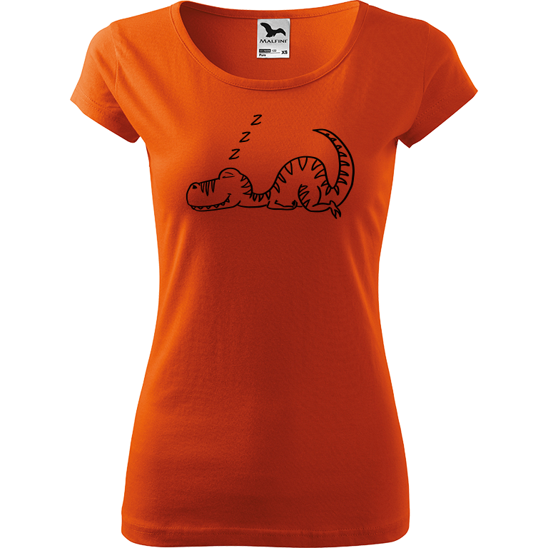 Ručně malované dámské bavlněné tričko - Dinosaur spící Barva trička: ORANŽOVÁ, Velikost trička: M, Barva motivu: ČERNÁ