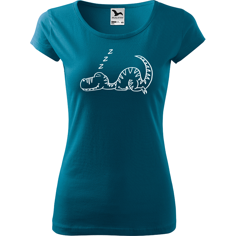 Ručně malované dámské bavlněné tričko - Dinosaur spící Barva trička: PETROLEJOVÁ, Velikost trička: M, Barva motivu: BÍLÁ