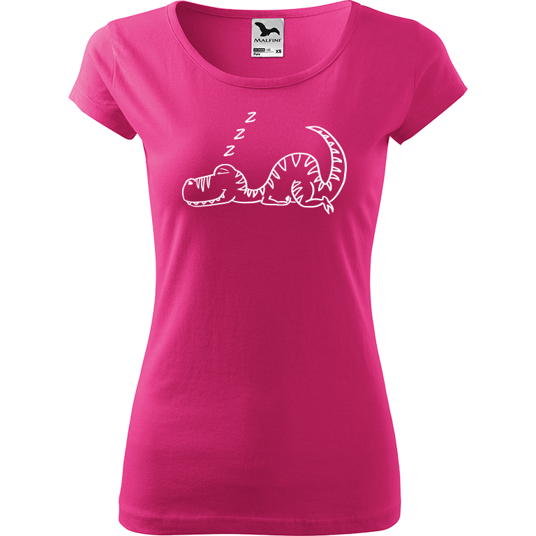 Ručně malované dámské bavlněné tričko - Dinosaur spící Barva trička: RŮŽOVÁ, Velikost trička: S, Barva motivu: BÍLÁ