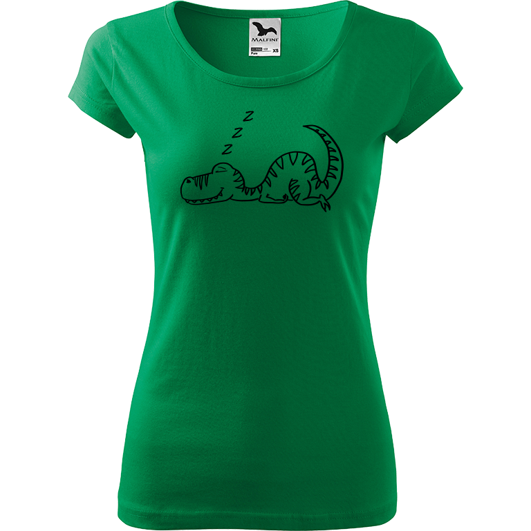 Ručně malované dámské bavlněné tričko - Dinosaur spící Barva trička: STŘEDNĚ ZELENÁ, Velikost trička: L, Barva motivu: ČERNÁ