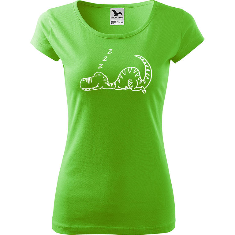 Ručně malované dámské bavlněné tričko - Dinosaur spící Barva trička: SVĚTLE ZELENÁ, Velikost trička: XL, Barva motivu: BÍLÁ