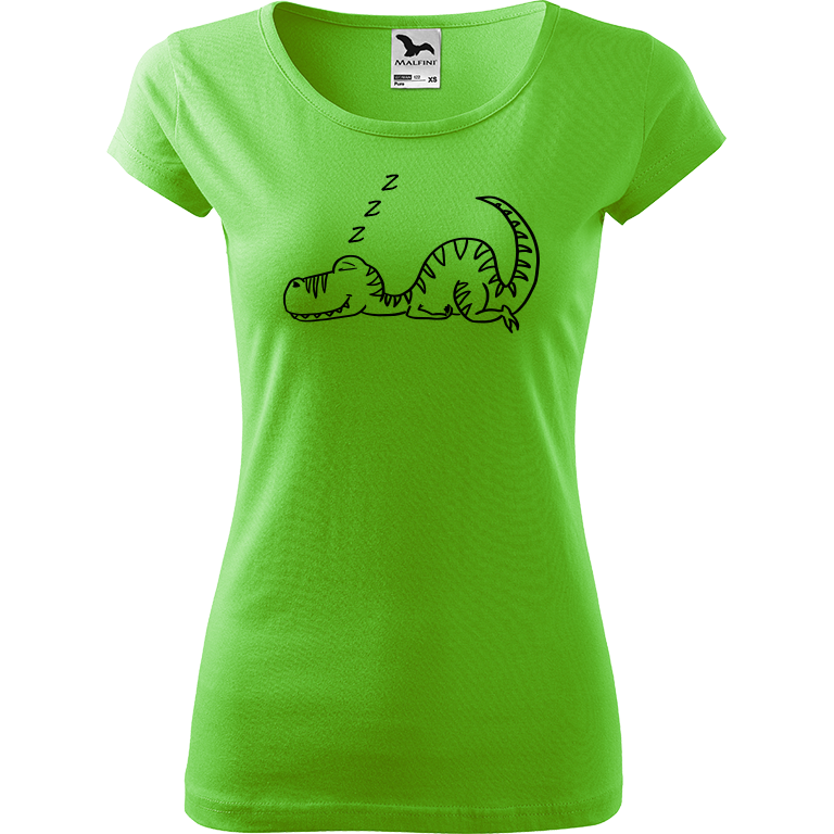 Ručně malované dámské bavlněné tričko - Dinosaur spící Barva trička: SVĚTLE ZELENÁ, Velikost trička: XS, Barva motivu: ČERNÁ