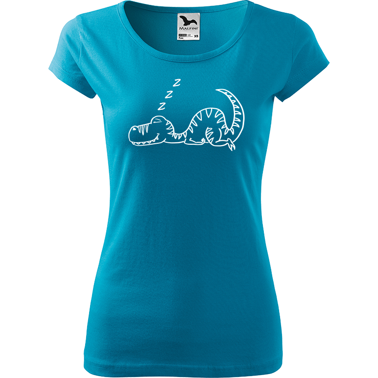 Ručně malované dámské bavlněné tričko - Dinosaur spící Barva trička: TYRKYSOVÁ, Velikost trička: M, Barva motivu: BÍLÁ