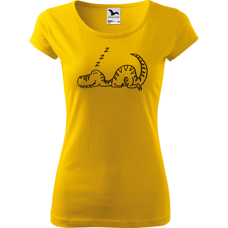 Ručně malované dámské bavlněné tričko - Dinosaur spící Barva trička: ŽLUTÁ, Velikost trička: XL, Barva motivu: ČERNÁ