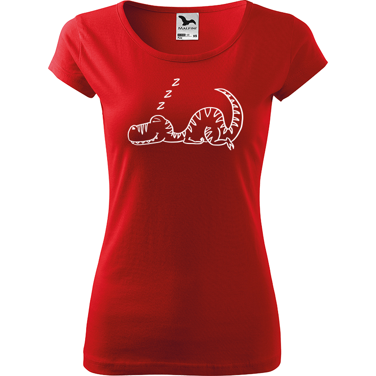 Ručně malované dámské bavlněné tričko - Dinosaur spící Barva trička: ČERVENÁ, Velikost trička: XL, Barva motivu: BÍLÁ
