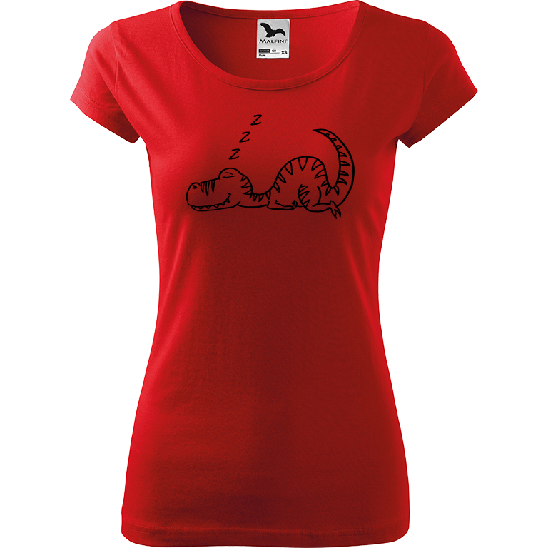 Ručně malované dámské bavlněné tričko - Dinosaur spící Barva trička: ČERVENÁ, Velikost trička: S, Barva motivu: ČERNÁ