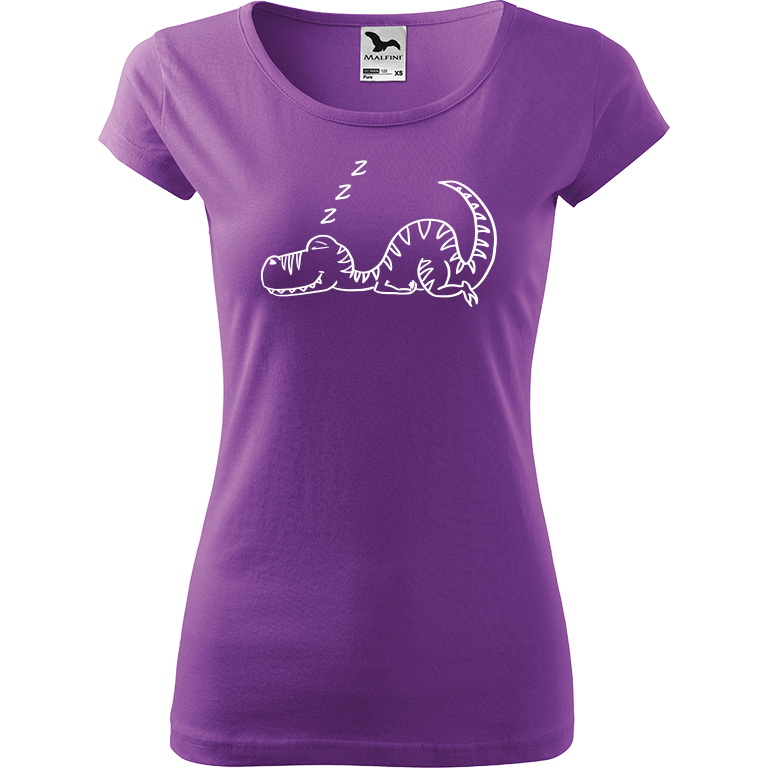 Ručně malované dámské bavlněné tričko - Dinosaur spící Barva trička: FIALOVÁ, Velikost trička: XL, Barva motivu: BÍLÁ