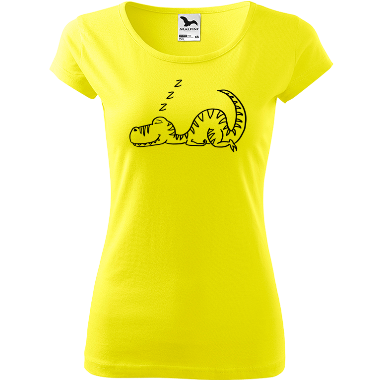Ručně malované dámské bavlněné tričko - Dinosaur spící Barva trička: CITRONOVÁ, Velikost trička: XS, Barva motivu: ČERNÁ