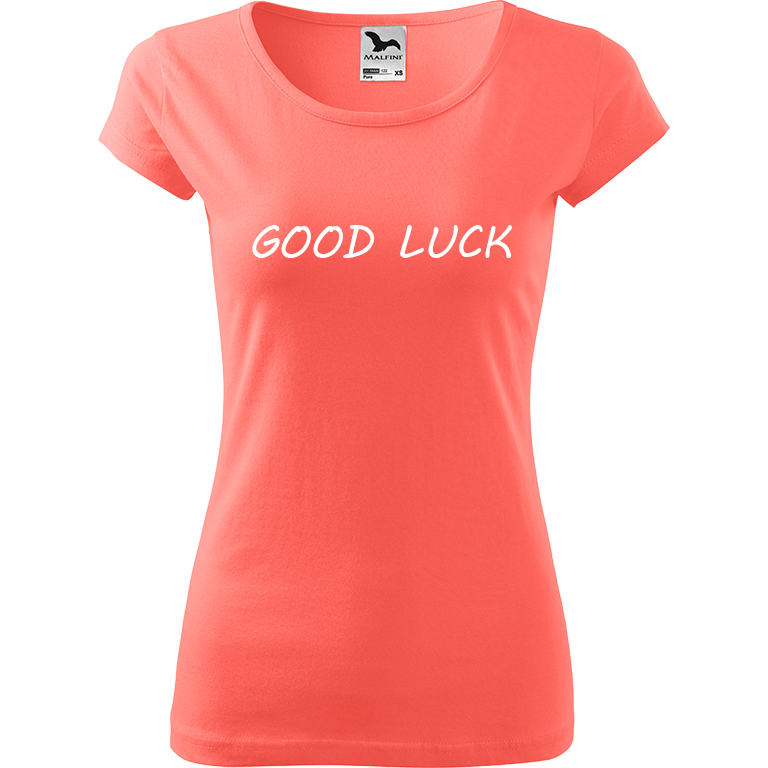 Ručně malované dámské bavlněné tričko - Good Luck Barva trička: KORÁLOVÁ, Velikost trička: XS, Barva motivu: BÍLÁ