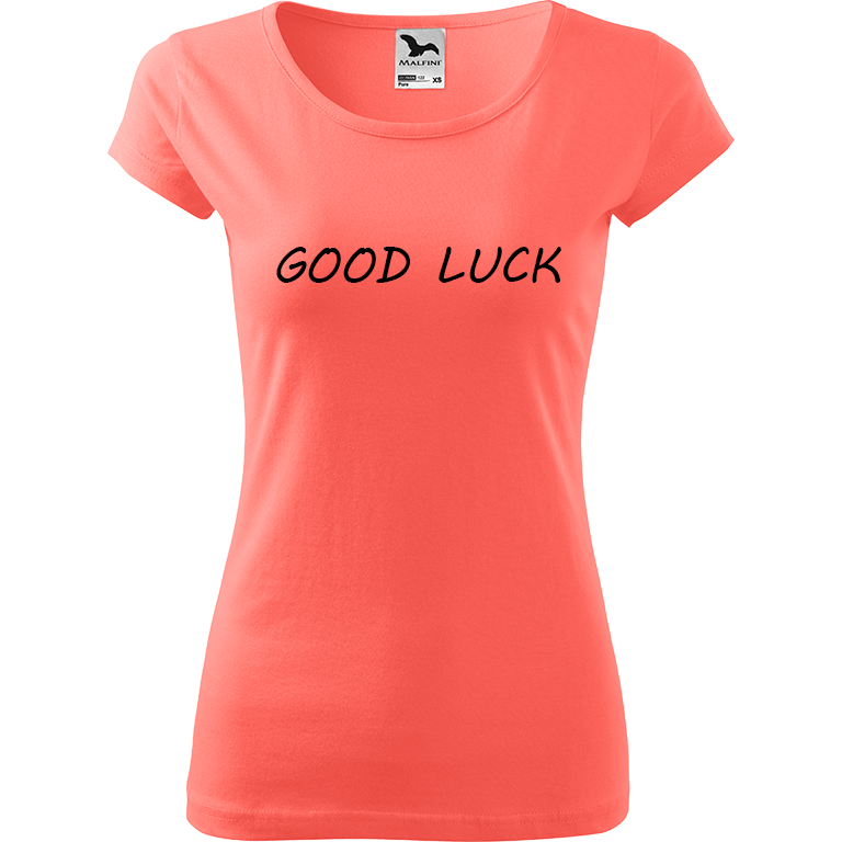 Ručně malované dámské bavlněné tričko - Good Luck Barva trička: KORÁLOVÁ, Velikost trička: XS, Barva motivu: ČERNÁ