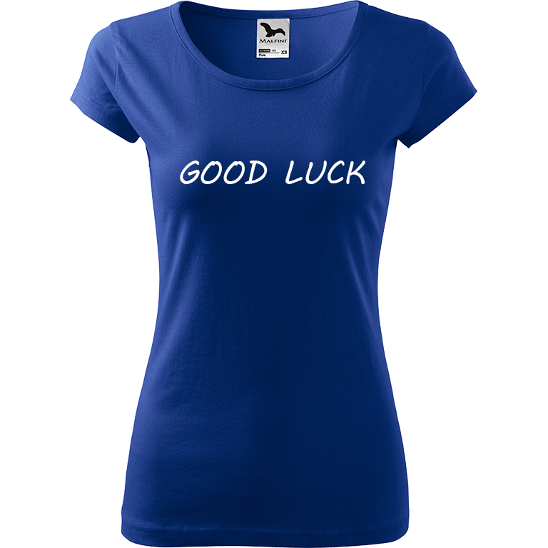 Ručně malované dámské bavlněné tričko - Good Luck Barva trička: MODRÁ, Velikost trička: XS, Barva motivu: BÍLÁ