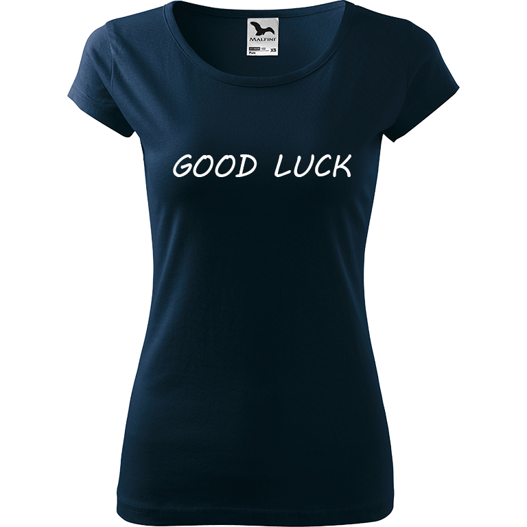 Ručně malované dámské bavlněné tričko - Good Luck Barva trička: NÁMOŘNICKÁ MODRÁ, Velikost trička: XL, Barva motivu: BÍLÁ