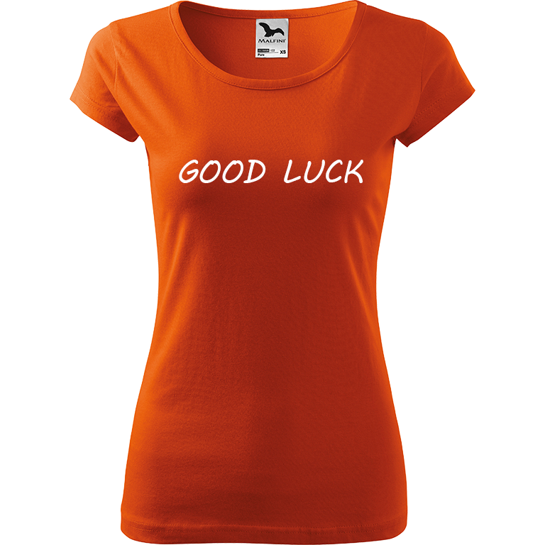 Ručně malované dámské bavlněné tričko - Good Luck Barva trička: ORANŽOVÁ, Velikost trička: XL, Barva motivu: BÍLÁ